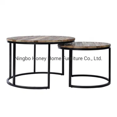 Tavolino da caffè riciclato in olmo, struttura in metallo e legno antico