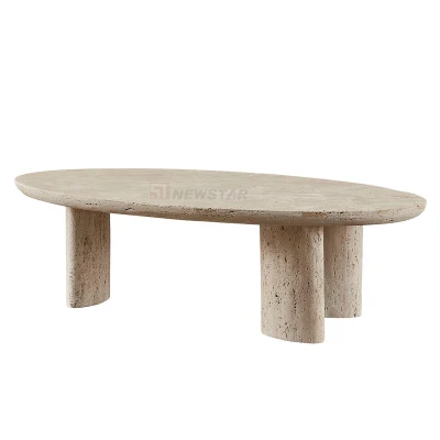 Tavolino da tè ovale decorativo per esterni con radice in pietra naturale intagliata. Tavolino da caffè centrale in travertino moderno di grande design rotondo e di lusso